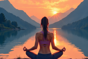 Gün doğumunda göl kenarında yoga yapan kadın, meditasyon pozisyonunda
